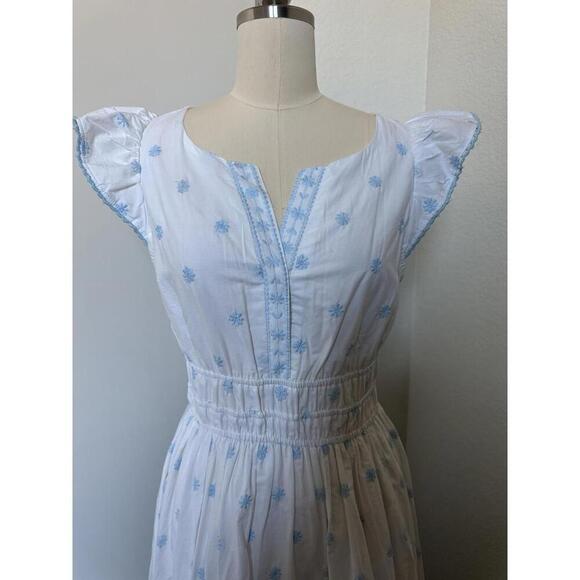 New Rachel Zoe White Blue 100% Cotton Eyelet Maxi Dress Sz 6 Or Small - Picture 2 of 9